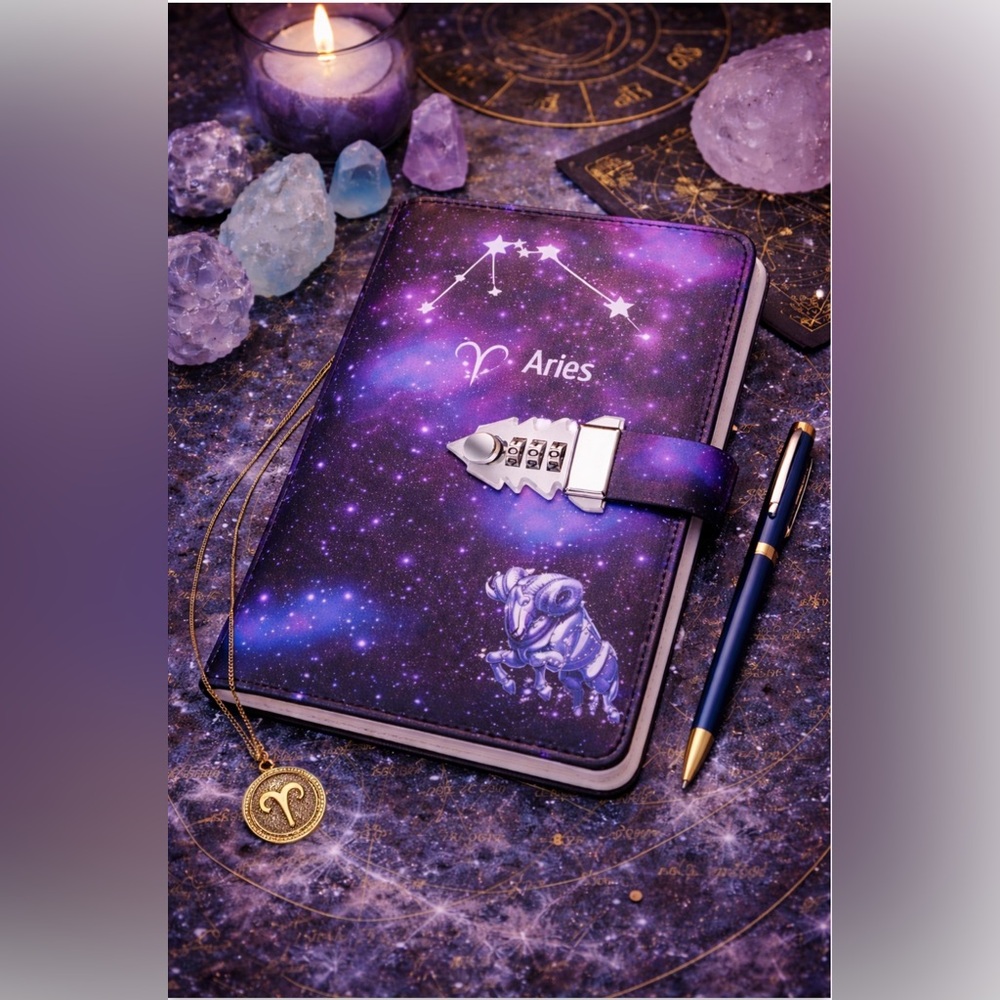 ✨ Aries Zodiac Lock Journal – Celestial Galaxy Design